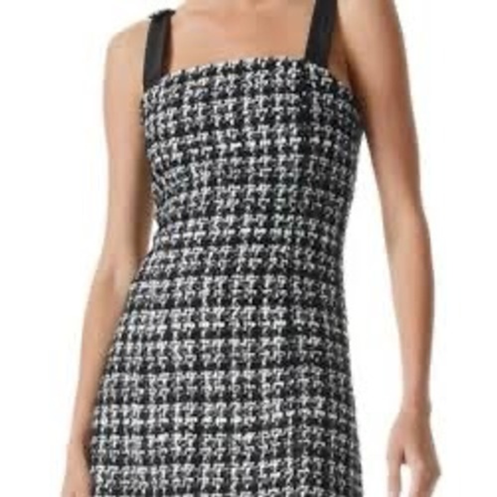 Alice + Olivia Classics Tweed Mini Dress Black Off White Faux Leather Straps 8